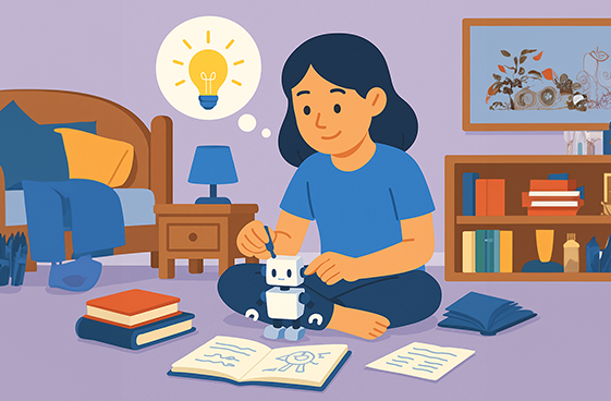 A girl studying while tinkering with a robot